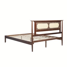 Queen Size Solid Wooden Bed with Rattan Headboard