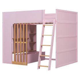 Full Size Wooden High Sleeper Loft Bed with Ladder and Storage Shelves