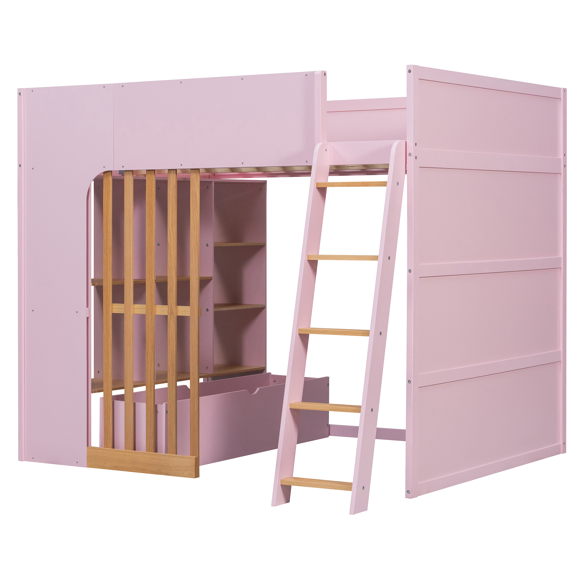 Full Size Wooden High Sleeper Loft Bed with Ladder and Storage Shelves