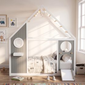 Wooden Playhouse Design Platform Bed with Front Panel and Slide