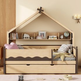 Twin Size House-Shaped Daybed with Built-In Bookshelf and Trundle