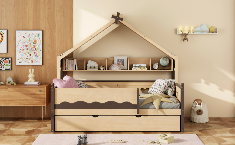 Twin Size House-Shaped Daybed with Built-In Bookshelf and Trundle