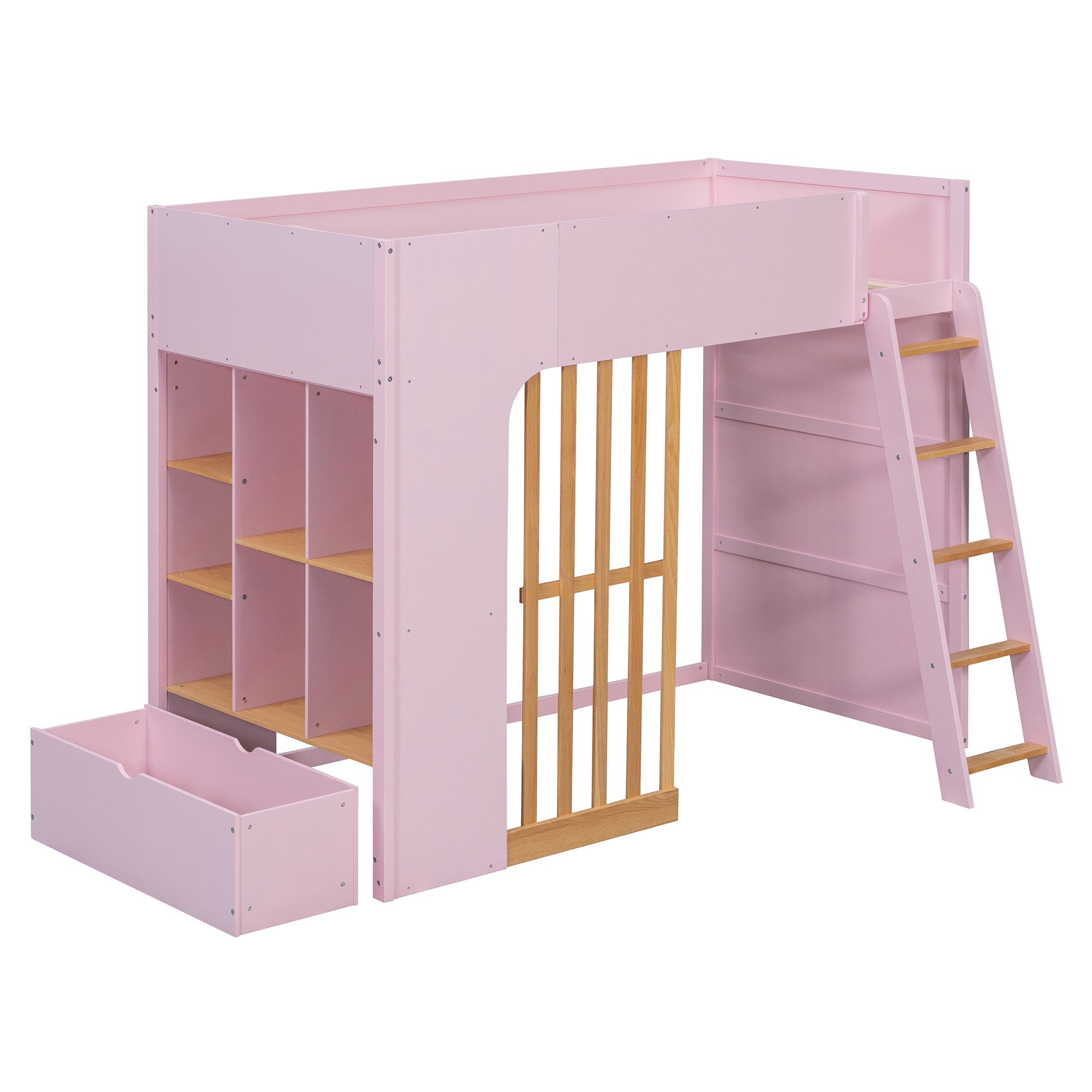 Twin Size Wooden High Sleeper Loft Bed with Ladder and Storage Shelves