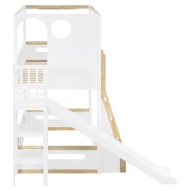 Twin Size Kids Loft Bed With Slide, Storage Shelves And Guardrails