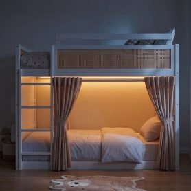 Full Size Bunk Bed with 3-Tier Storage Shelf, Rattan Decor, Privacy Curtains & Lights