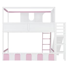 Full Size Kids Loft Bed With Slide, Storage Shelves And Guardrails