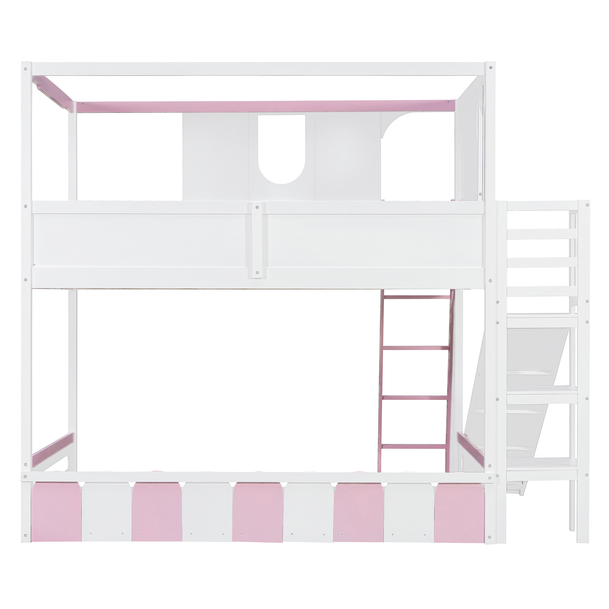 Full Size Kids Loft Bed With Slide, Storage Shelves And Guardrails