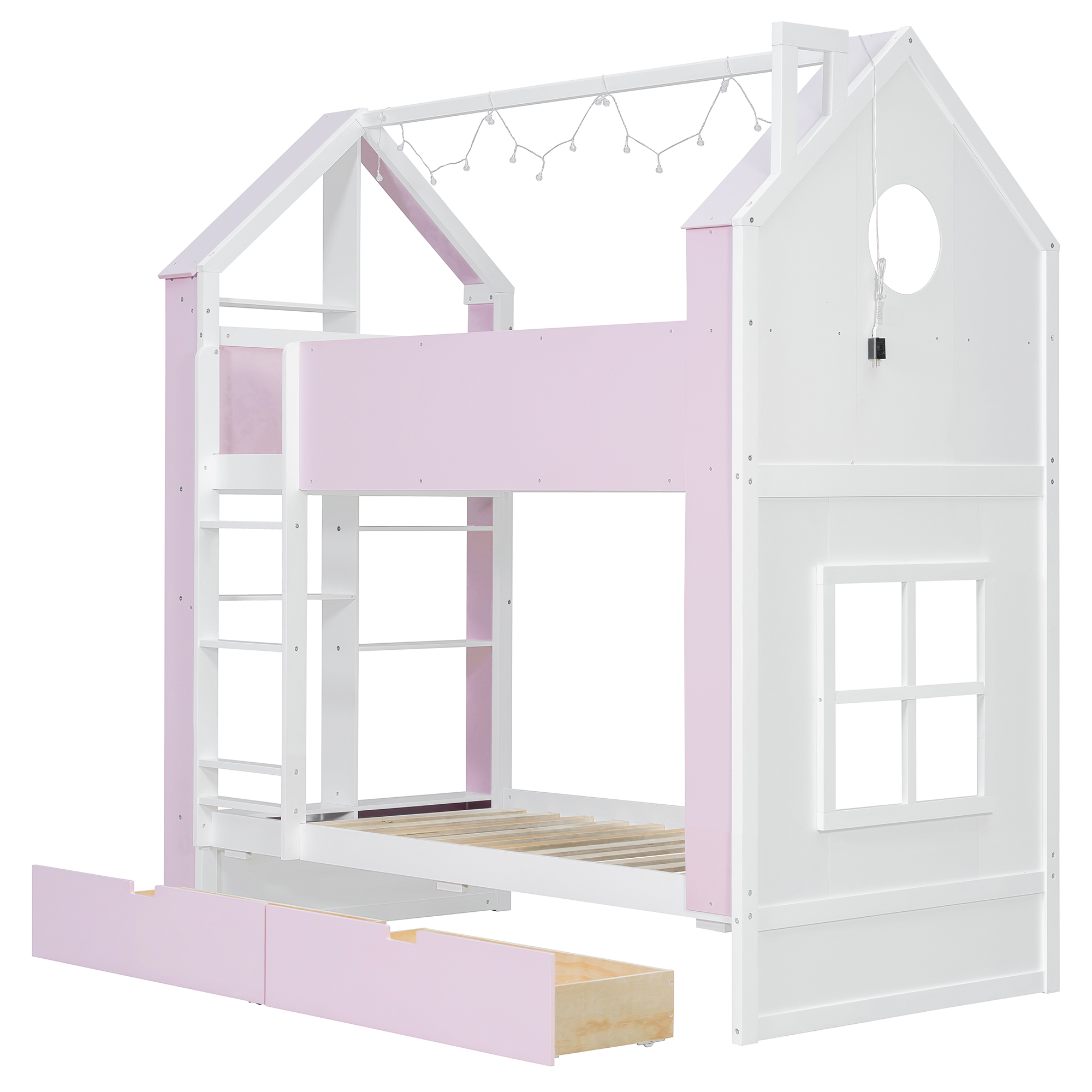 Twin Over Twin House Bed with Storage Drawers & Shelves