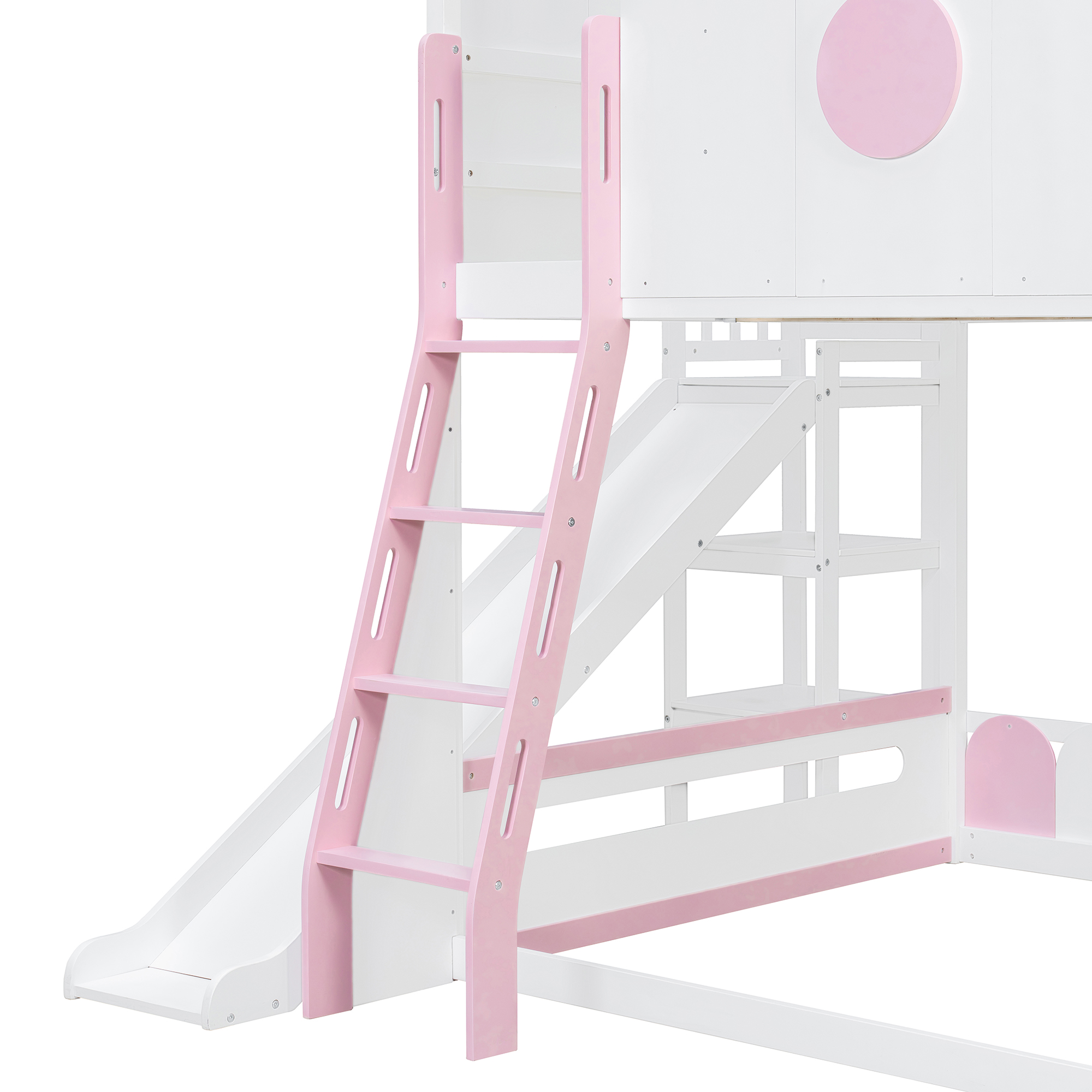 Full Size Kids Loft Bed With Slide, Storage Shelves And Guardrails