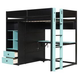 Full Size Solid Wood Loft Bed with Desk, Storage Cabinet and Wardrobe