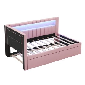 Upholstered Twin Size Platform Bed with Trundle, USB Ports and LED Belt