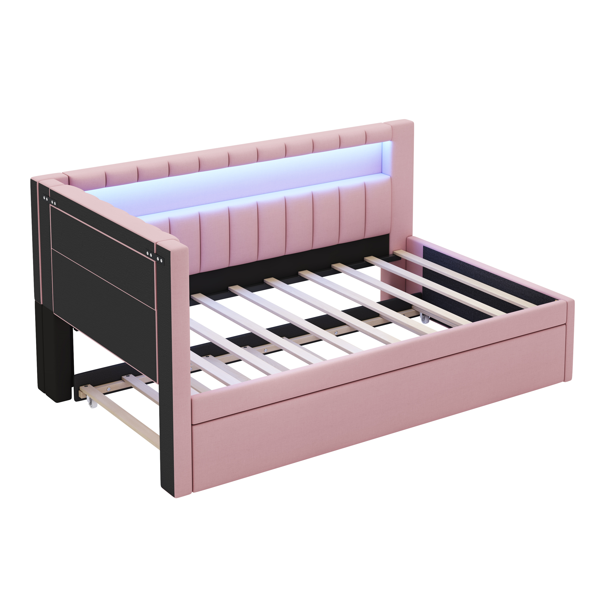Upholstered Twin Size Platform Bed with Trundle, USB Ports and LED Belt