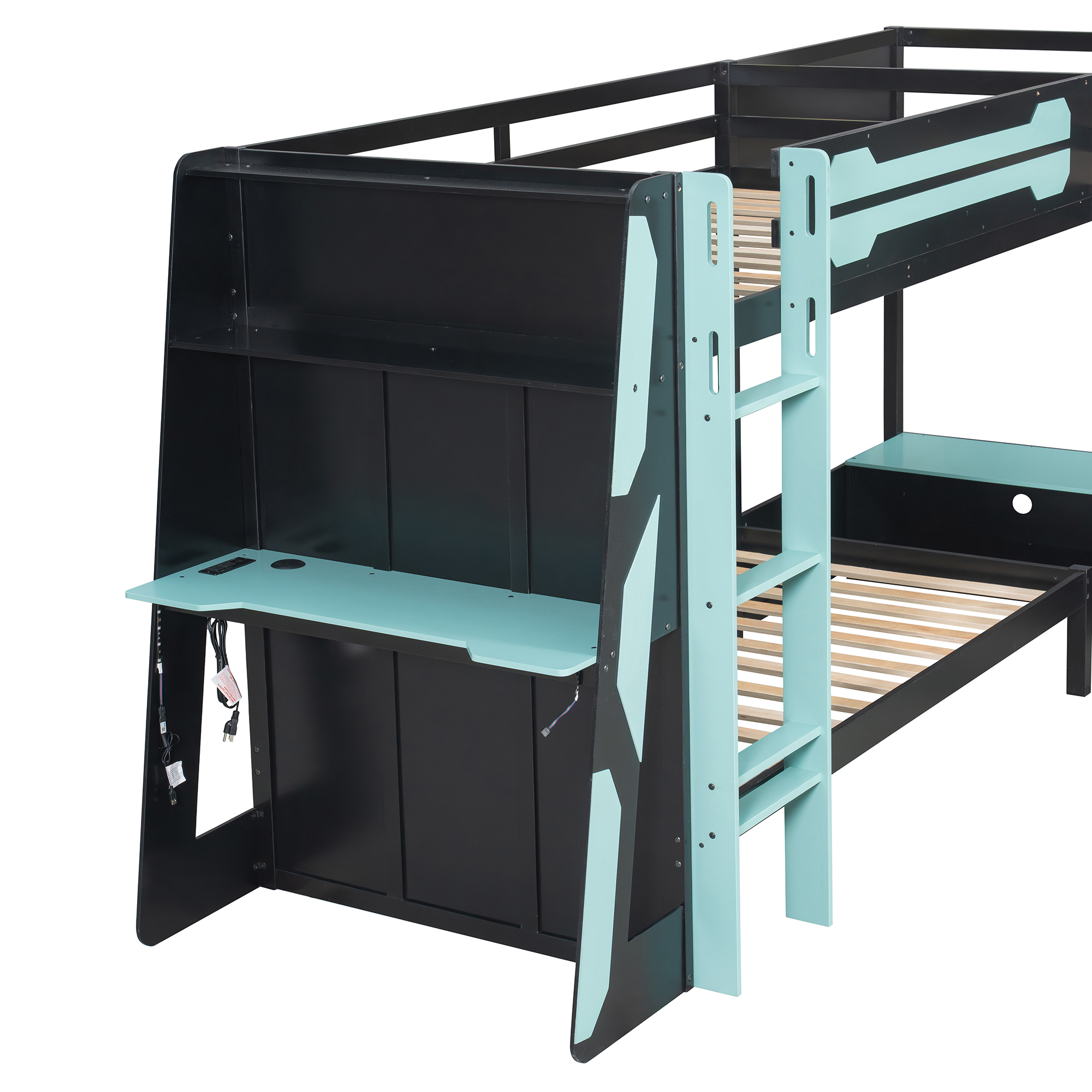 L-Shaped Wooden Twin Size Gaming Bed Frame with RGB LED Lights, USB Ports, TV Stand & Storage Shelves