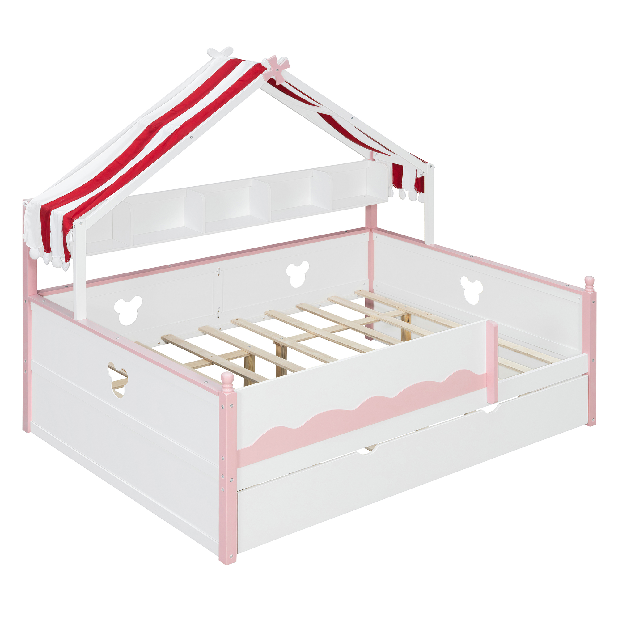 Full Size House-Shaped Daybed with Built-In Bookshelf and Trundle