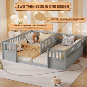 Double Pine Wood Twin Floor Bed with Semi-Enclosed Safety Guardrails, Open Entrance