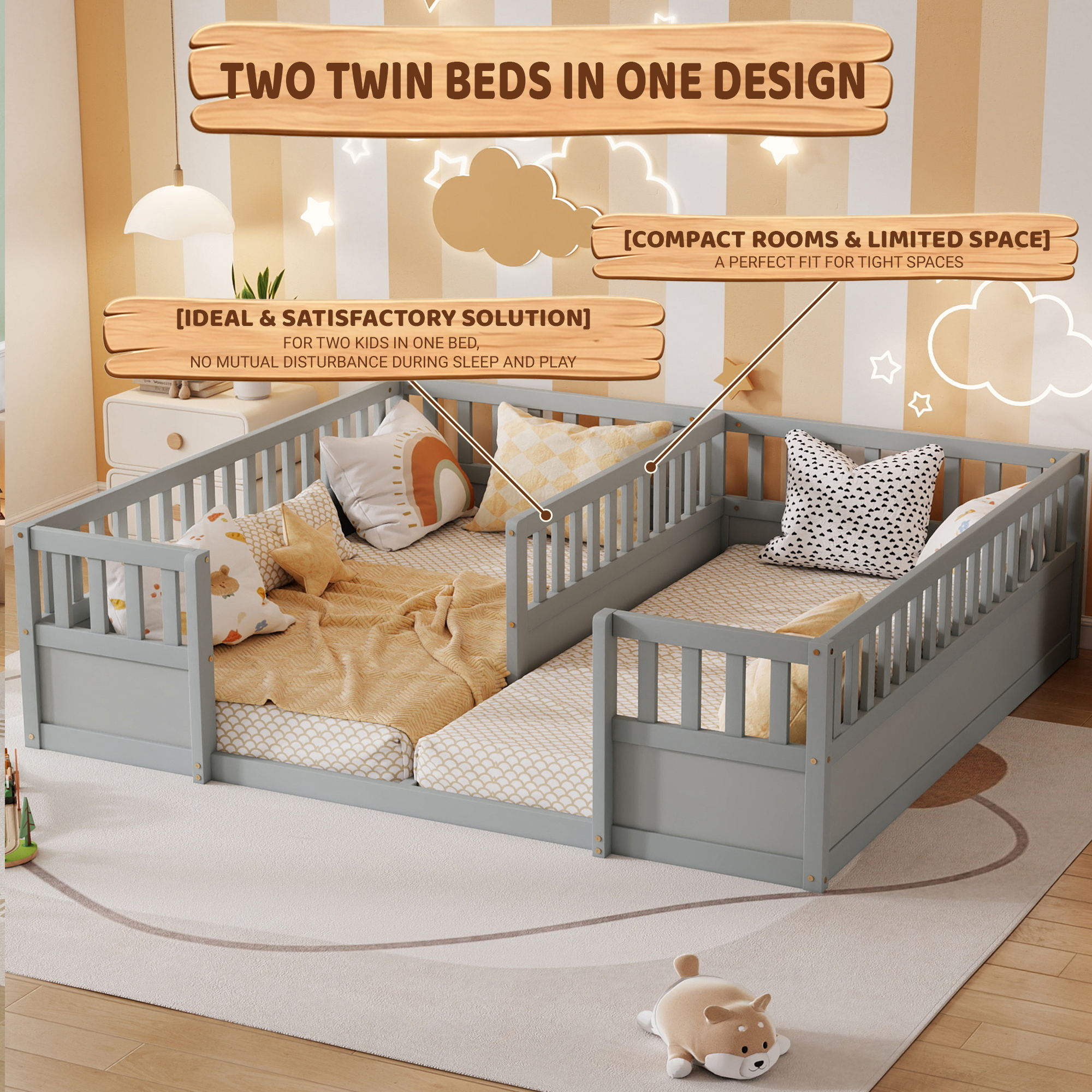 Double Pine Wood Twin Floor Bed with Semi-Enclosed Safety Guardrails, Open Entrance