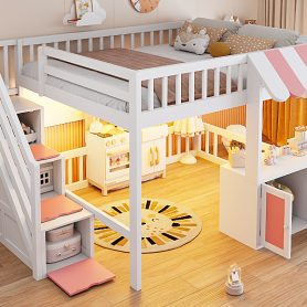 Full Size Loft Bed with Storage Steps, LED Light, Under Bed Cabinets