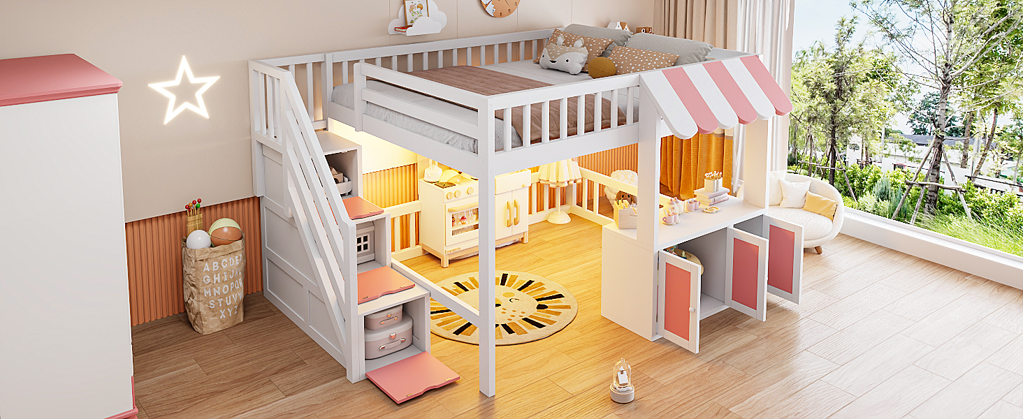 Full Size Loft Bed with Storage Steps, LED Light, Under Bed Cabinets