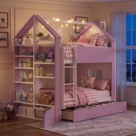 Twin Over Twin House Bed with Storage Drawers & Shelves