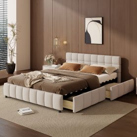 Queen Size Upholstered Platform Bed Frame with 4 Storage Drawers