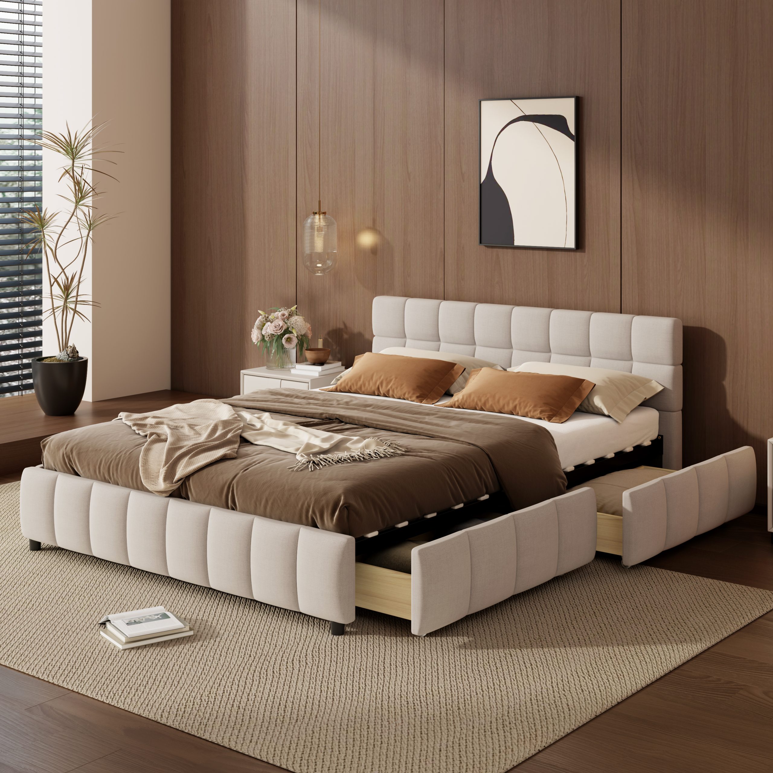 Queen Size Upholstered Platform Bed Frame with 4 Storage Drawers