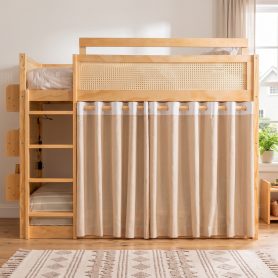 Twin Size Bunk Bed with 3-Tier Storage Shelf, Rattan Decor, Privacy Curtains & Lights