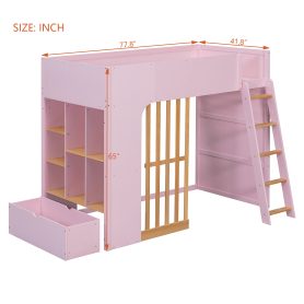 Twin Size Wooden High Sleeper Loft Bed with Ladder and Storage Shelves