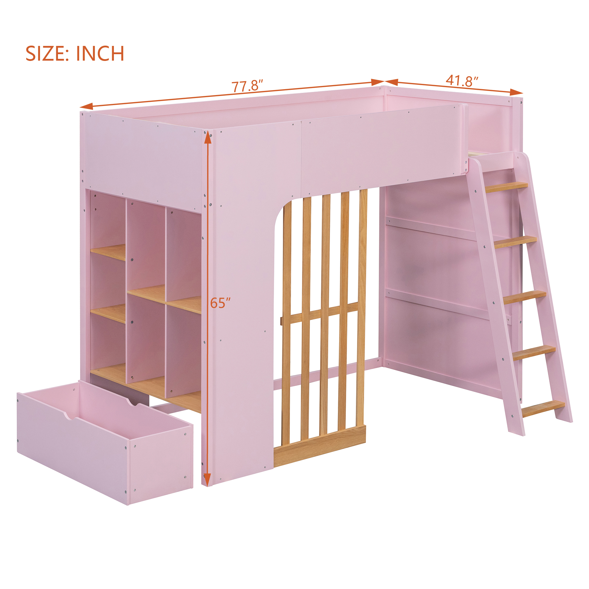 Twin Size Wooden High Sleeper Loft Bed with Ladder and Storage Shelves