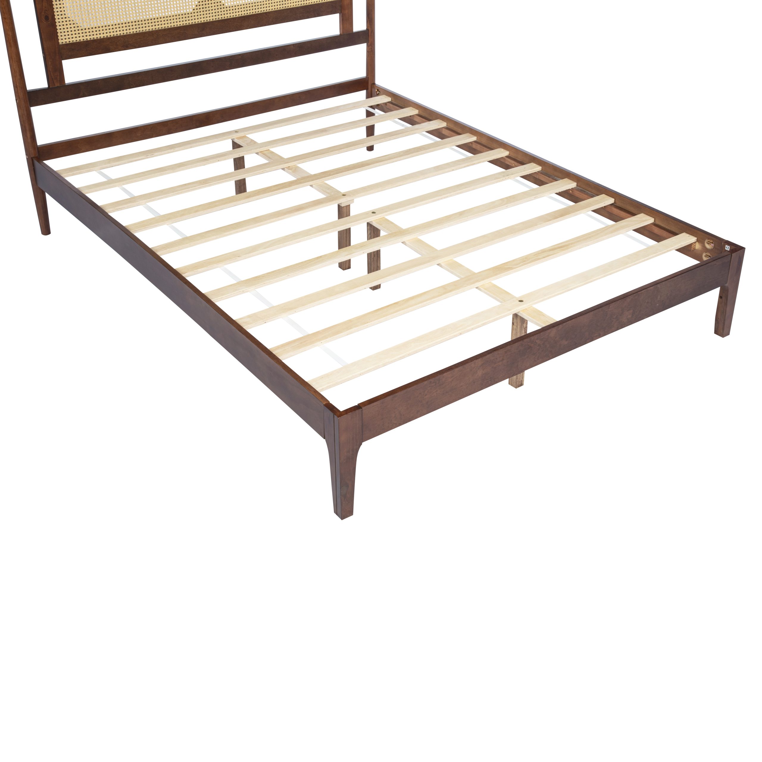 Queen Size Pine Wooden, Solid Wooden Bed With Rattan Headboard, Reinforced By Support Wood Legs,walnut