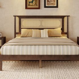 Queen Size Solid Wooden Bed with Rattan Headboard