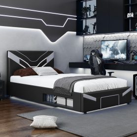 Twin Size Upholstered Gaming Bed Frame with LED Lights