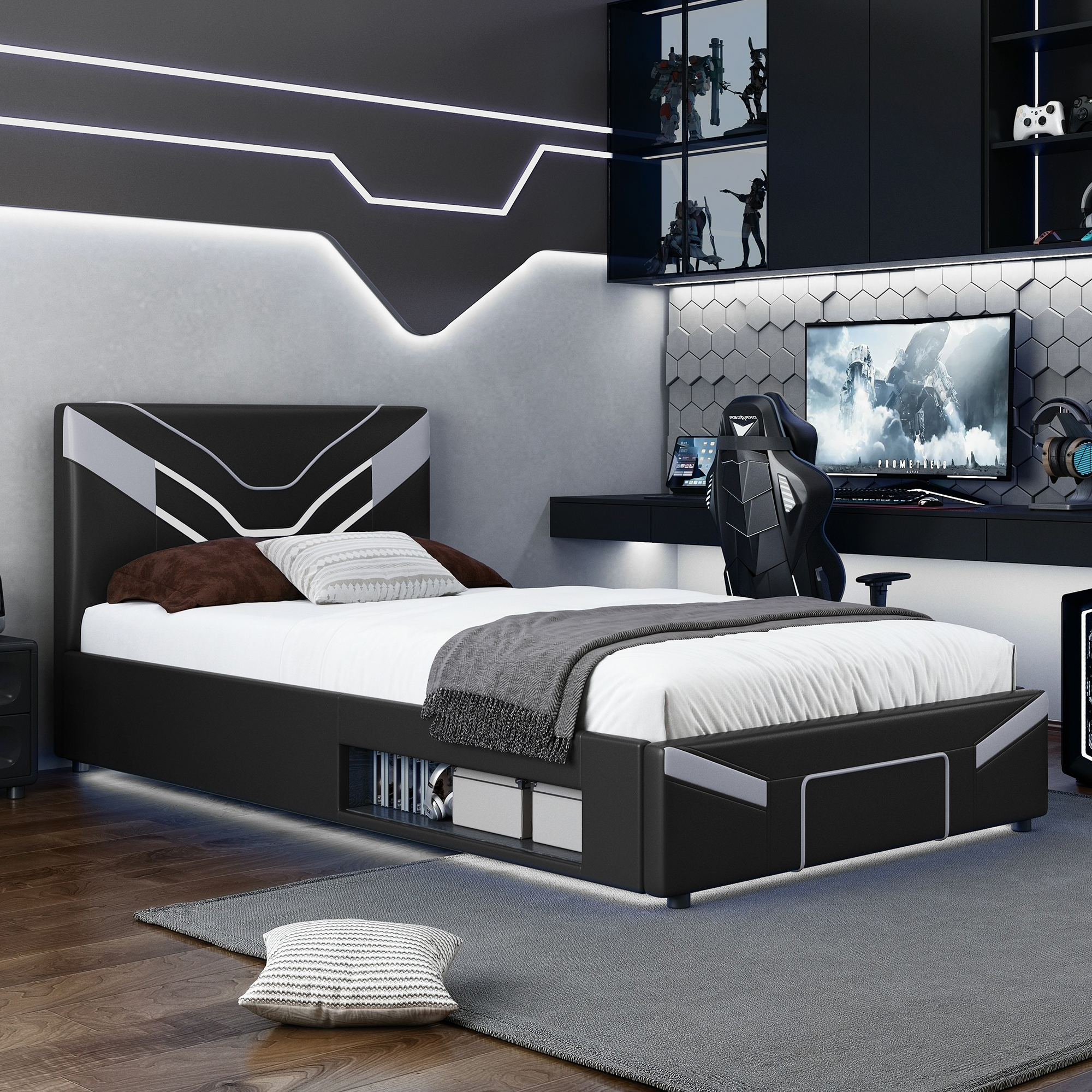 Twin Size Upholstered Gaming Bed Frame with LED Lights