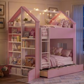Twin Over Twin House Bed with Storage Drawers & Shelves