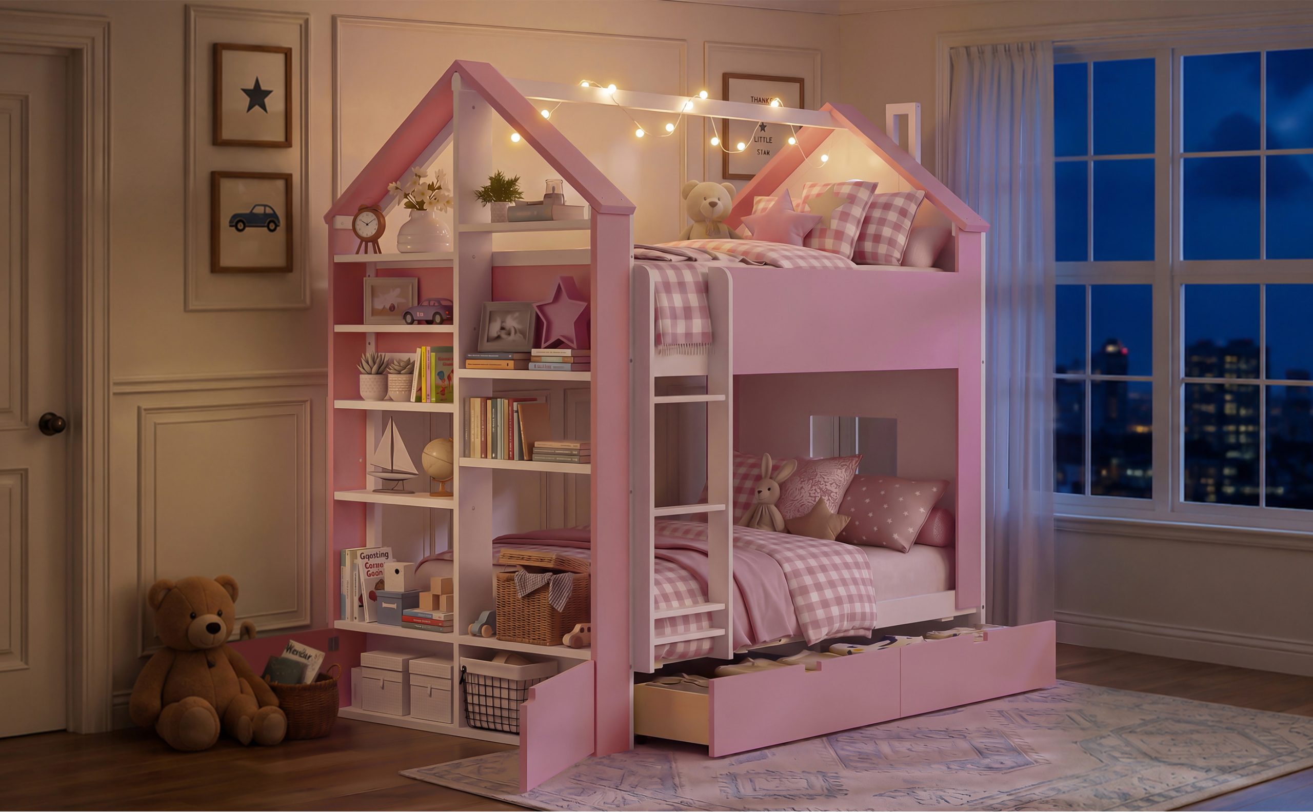 Twin Over Twin House Bed with Storage Drawers & Shelves