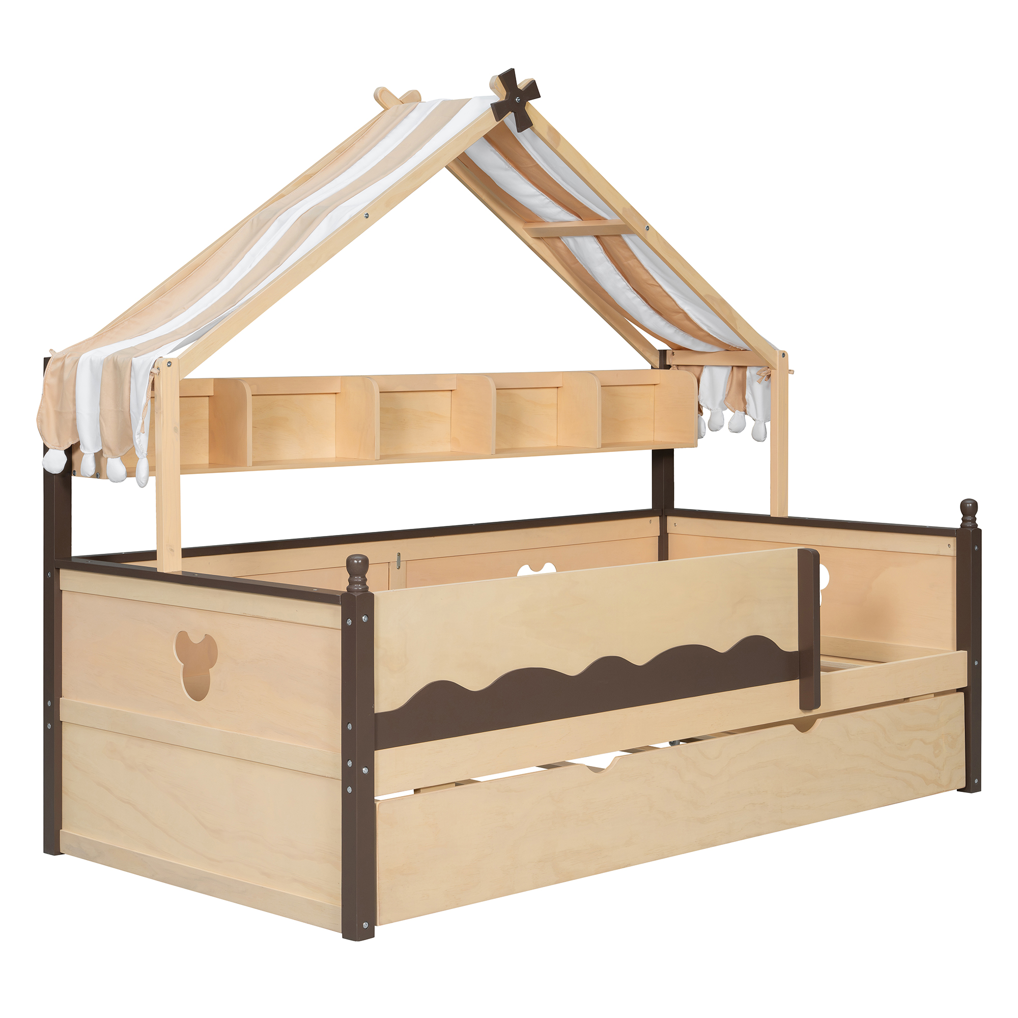 Twin Size House-Shaped Daybed with Built-In Bookshelf and Trundle