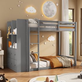 Twin Size Bunk Bed with Drawers, Shelves and Light