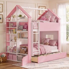 Twin Over Twin House Bed with Storage Drawers & Shelves