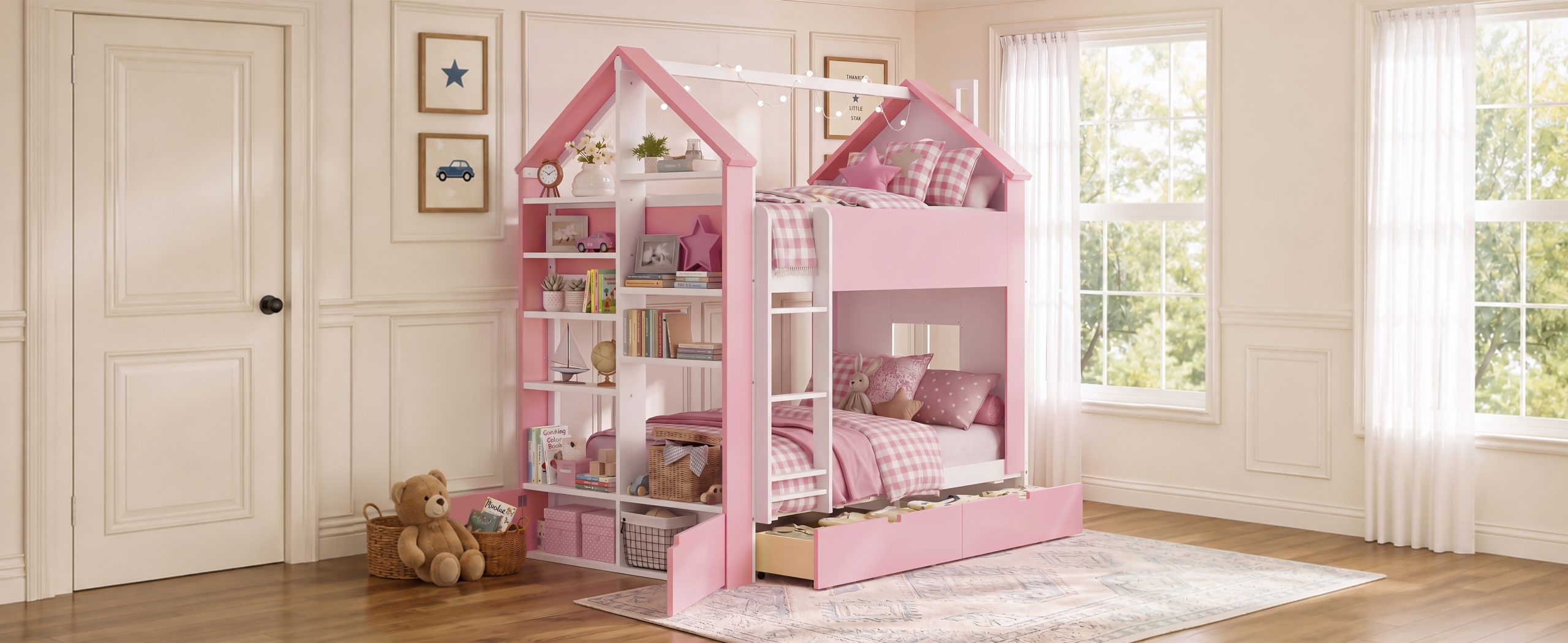 Twin Over Twin House Bed with Storage Drawers & Shelves