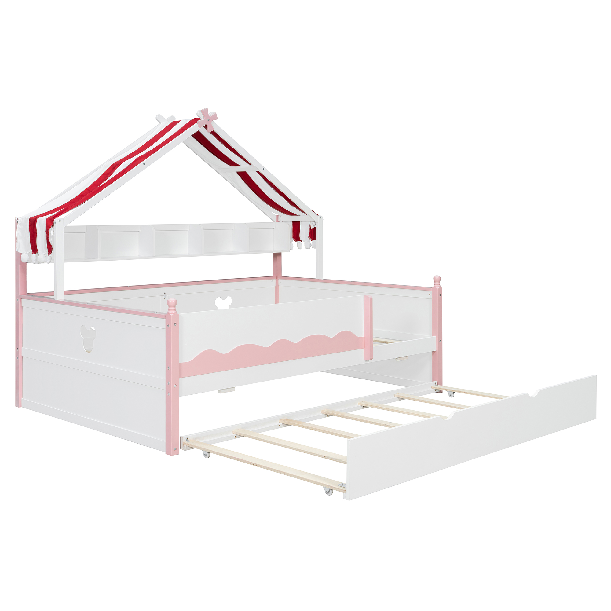 Full Size House-Shaped Daybed with Built-In Bookshelf and Trundle