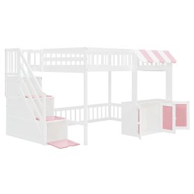 Full Size Loft Bed with Storage Steps, LED Light, Under Bed Cabinets