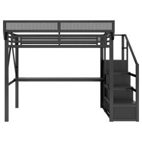 Metal Queen Size Loft Bed With Desk, Charging Station, Stairs And Light