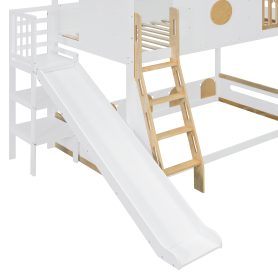 Twin Size Kids Loft Bed With Slide, Storage Shelves And Guardrails