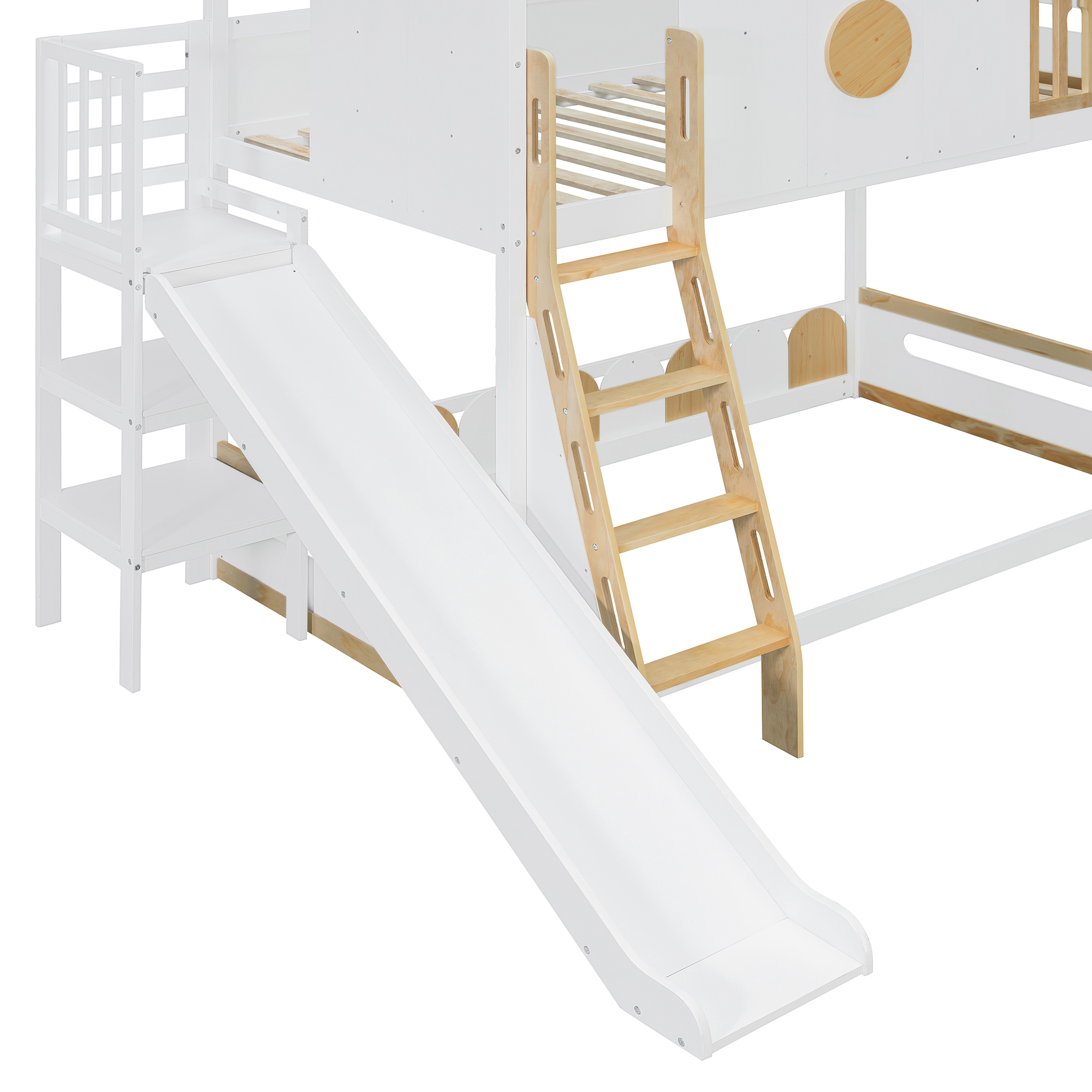 Twin Size Kids Loft Bed With Slide, Storage Shelves And Guardrails