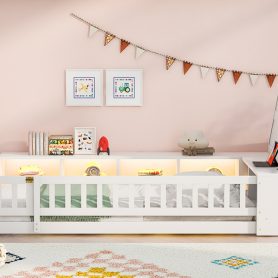 Twin Size Wood Floor Bed With Guardrail,  Storage Cabinets, LED, USB Port & Plug Outlets