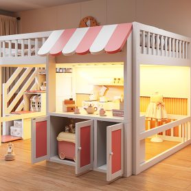 Full Size Loft Bed with Storage Steps, LED Light, Under Bed Cabinets