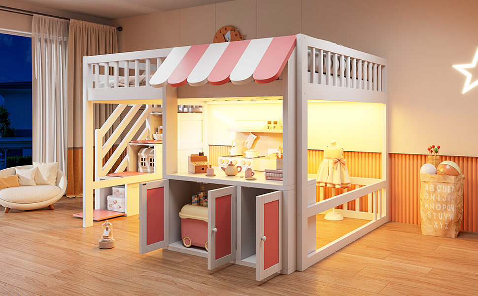 Full Size Loft Bed with Storage Steps, LED Light, Under Bed Cabinets
