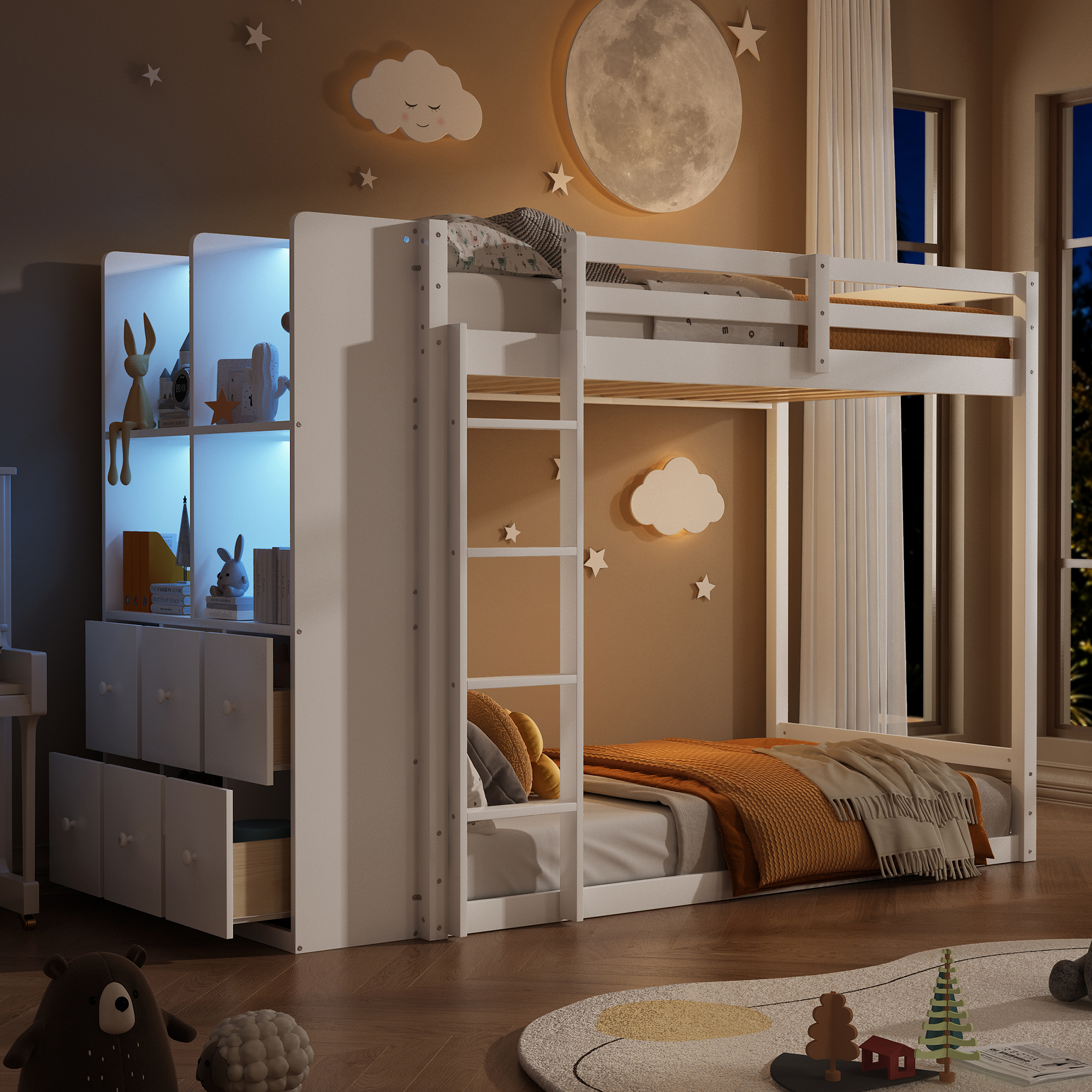 Twin Size Bunk Bed with Drawers, Shelves and Light
