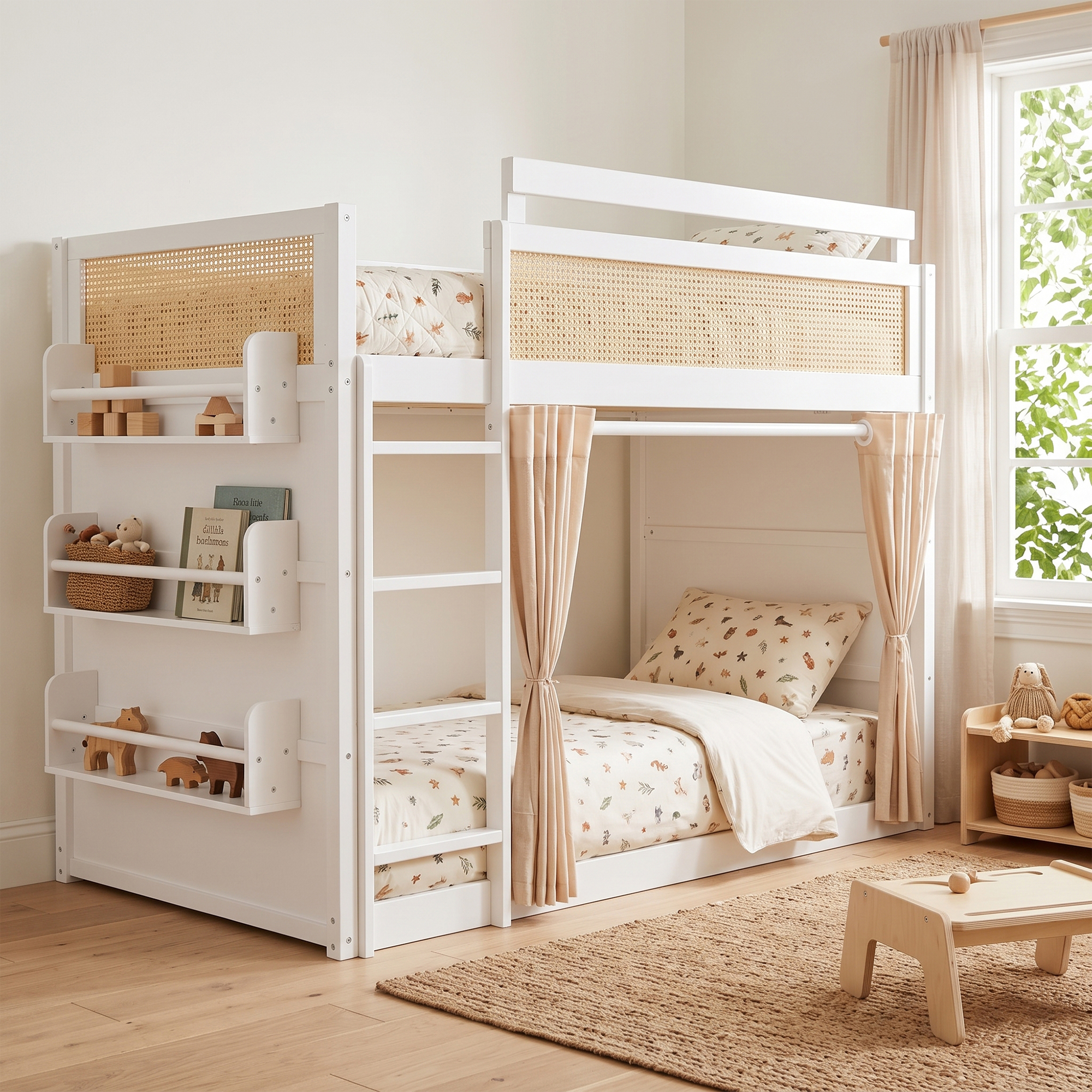 Twin Size Bunk Bed with 3-Tier Storage Shelf, Rattan Decor, Privacy Curtains & Lights