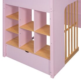 Twin Size Wooden High Sleeper Loft Bed with Ladder and Storage Shelves