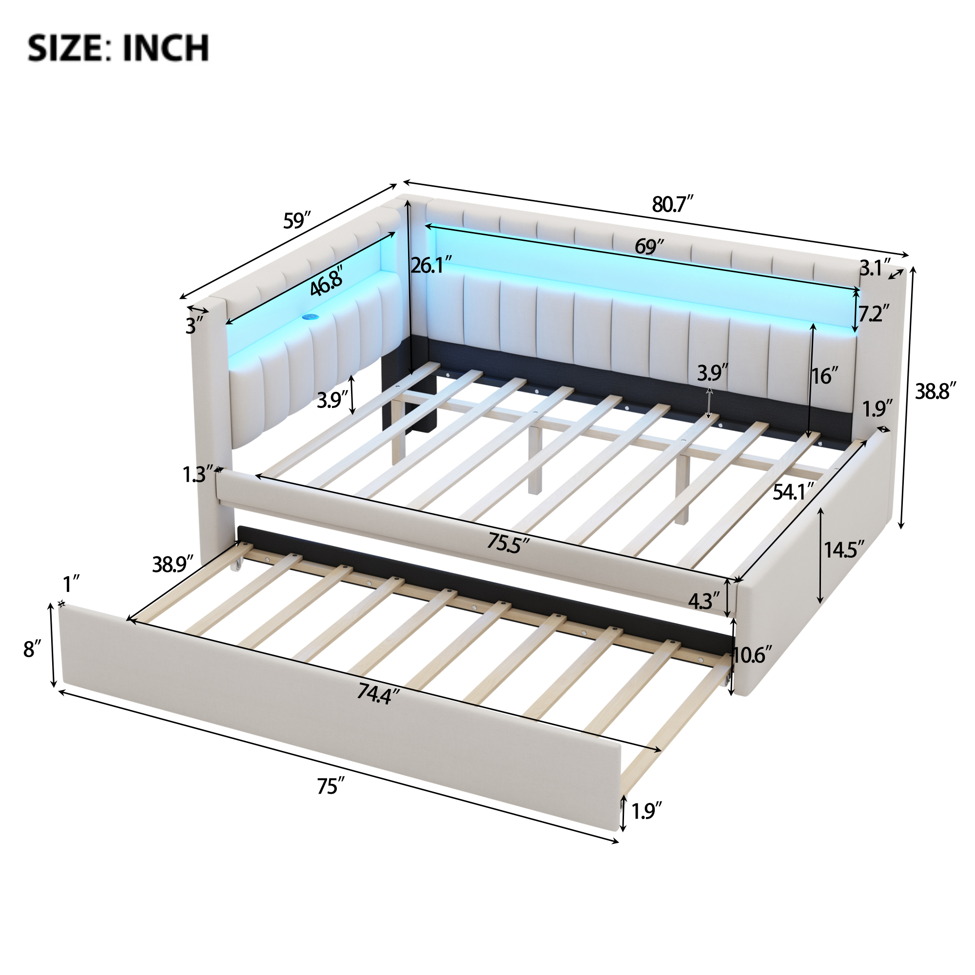 Upholstered Full Size Platform Bed with Trundle, USB Ports and LED Belt